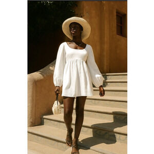 Reformation XL Ramone Babydoll 100% Linen Mini Dress Long Sleeve Fit&Flare White